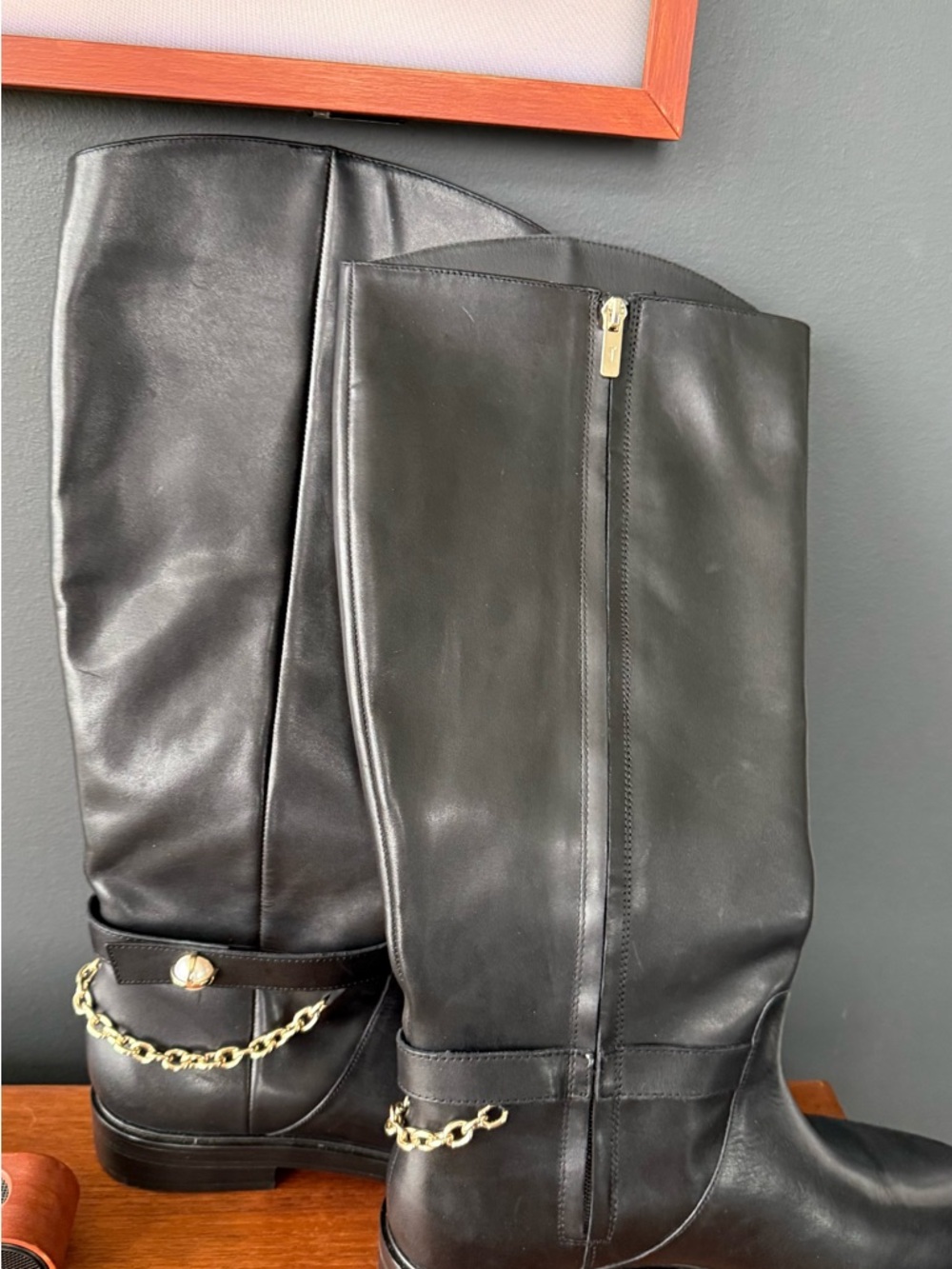 Ted Baker Black Leather Ankle Boots with Pearl and chain detail.